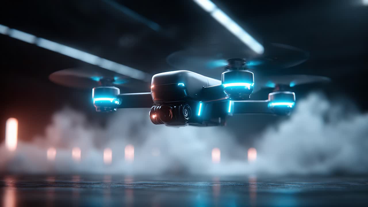 Futuristic Drone in Motion: Captivating Visuals of a Sleek, High-Tech Aerial Device Amidst a Foggy Environment with Neon Accents