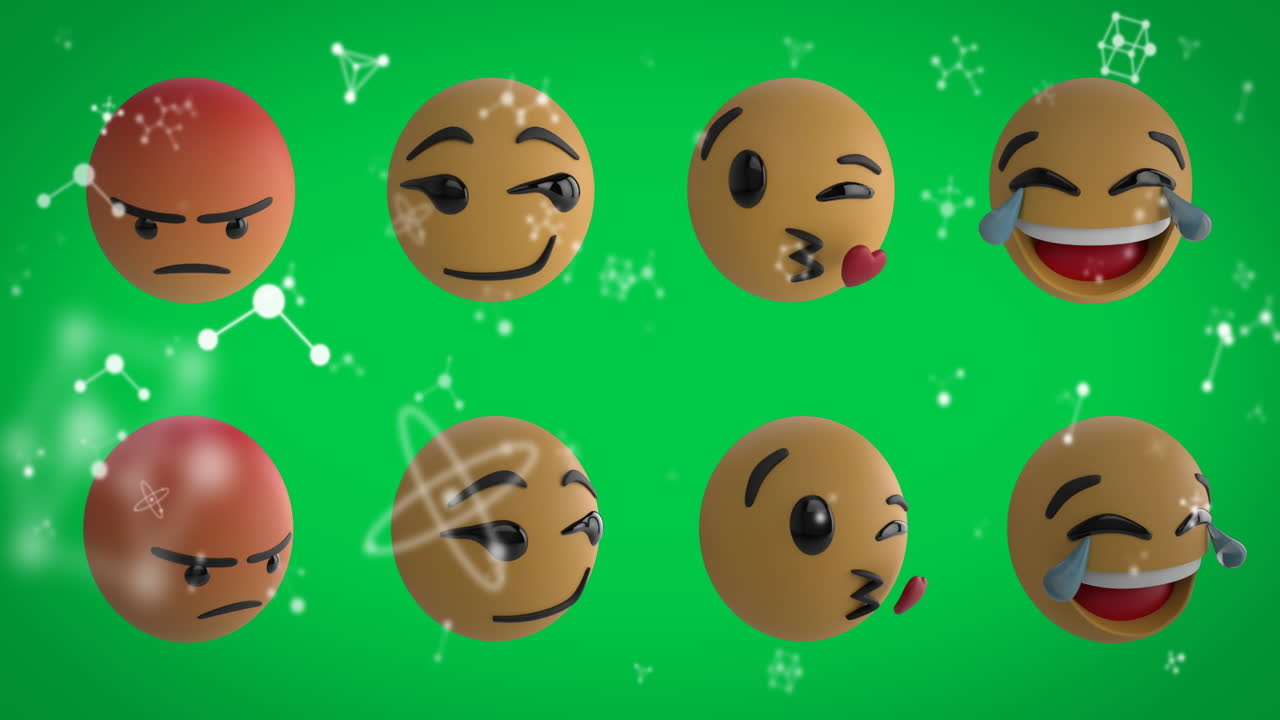 초록색 배경에 여러 개의 다른 얼굴 이모지에 대한 분자 구조의 디지털 애니메이션