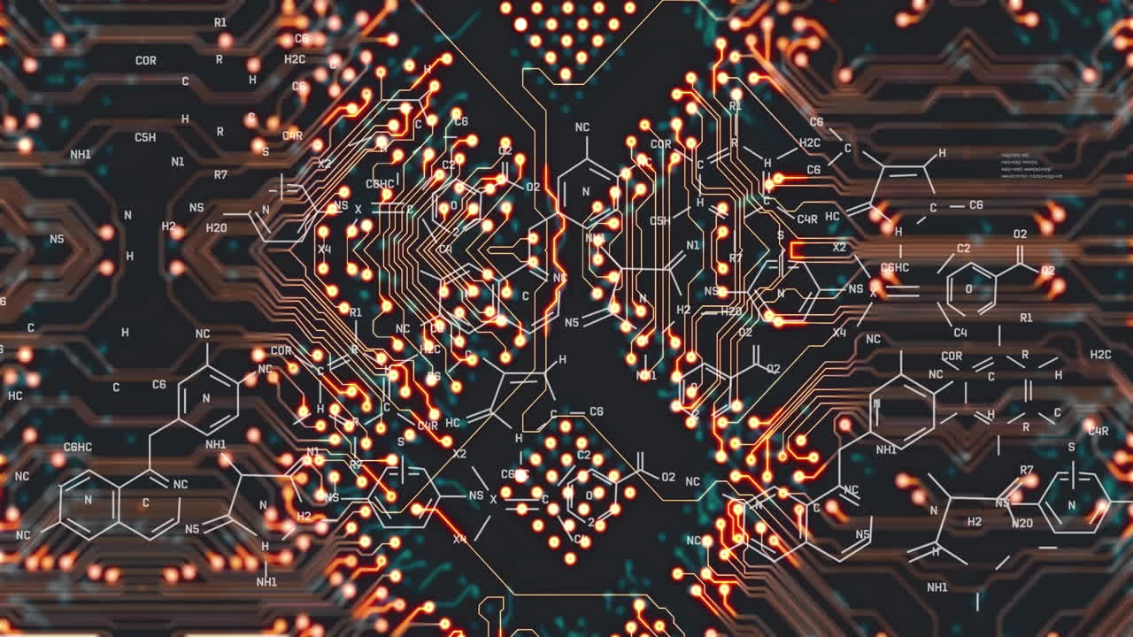 animación de la fórmula química sobre una placa de circuito de computadora sobre un fondo negro