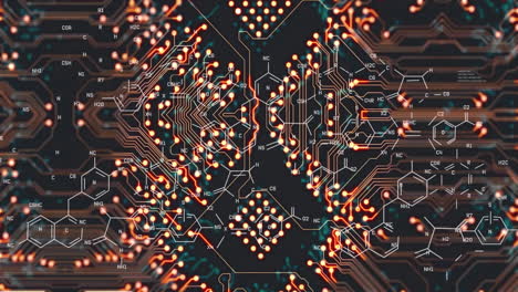 animación de la fórmula química sobre una placa de circuito de computadora sobre un fondo negro