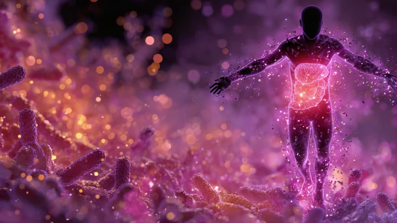 Una Straordinaria Visualizzazione del Corpo Umano Circondato da Batteri Colorati in un Mondo Microscopico Vibrante ed Etereo, Esplorando l'Intricata Relazione tra Microbi e Salute.