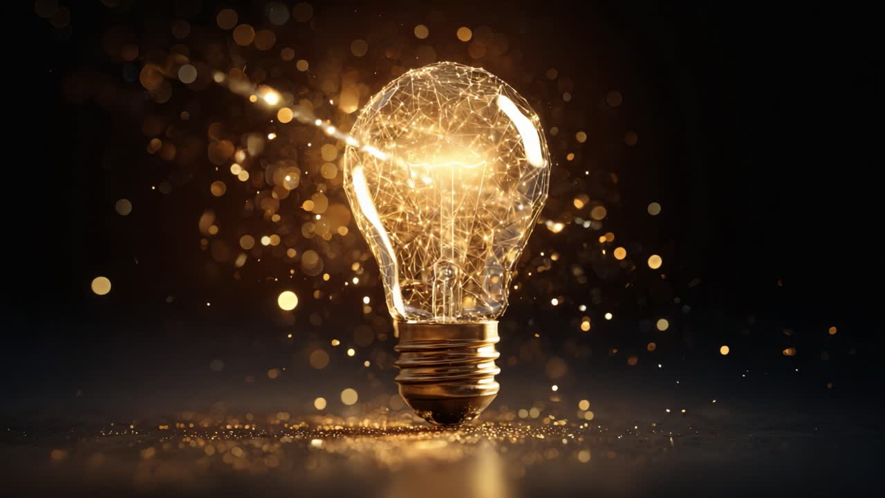Golden light bulb with a glowing neural network inside, symbolizing innovation, bright ideas, and technological advancement, surrounded by sparkling particles and bokeh on a dark background
