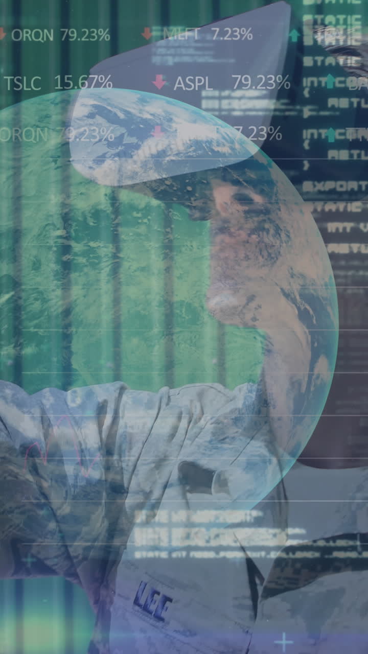 animación del procesamiento de datos sobre el hombre caucásico con auriculares vr