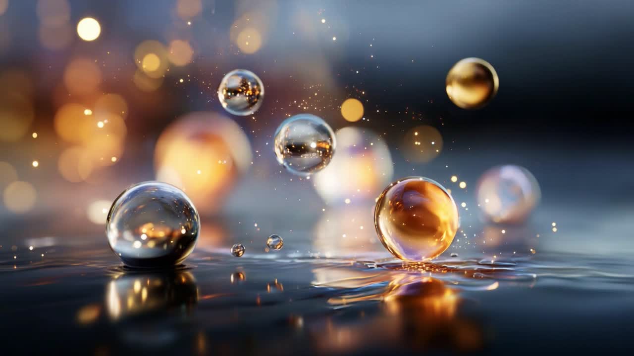 A mesmerizing display of luminous droplets dancing on a reflective surface, capturing light and color in a captivating showcase of nature's elegance and fluid dynamics