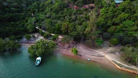 el barco del muelle en la bahía de kilifi revela un denso bosque en las montañas tropicales en la costa de kenia, áfrica