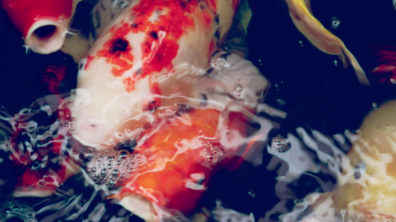 4k cámara lenta gran bandada de peces carpa roja japonesa divertida boca abierta de cerca vista de fondo negro de alto contraste color de brillo.
