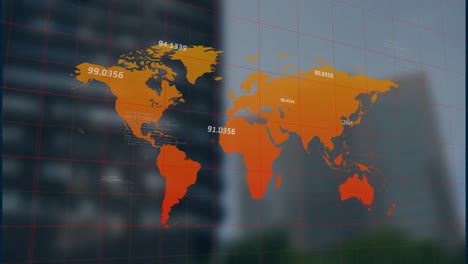 animación del procesamiento de datos sobre el mapa del mundo frente a la vista de los edificios altos