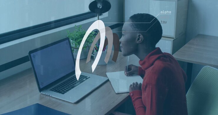 Woman taking notes viewing laptop as faint overlay appearing, rotating with alpha,tau labels study