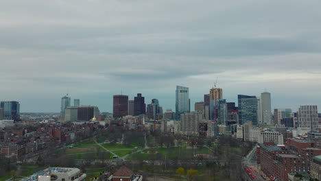 Aerial-panoramic-view-of-public-park-and-modern-downtown-skyscrapers.-Cloudy-day-in-city-at-twilight.-Boston,-USA