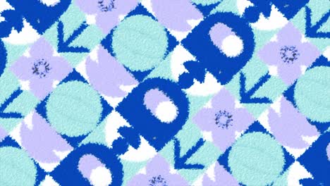 modello geometrico e floreale astratto in blu, viola e bianco