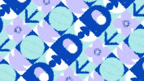 abstract geometric and floral pattern in blue, purple, and white