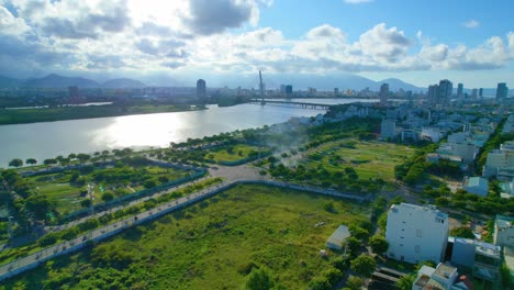 aerial view han river cau tran thi ly bridge, da nang, modern vietnam cityscape sunset