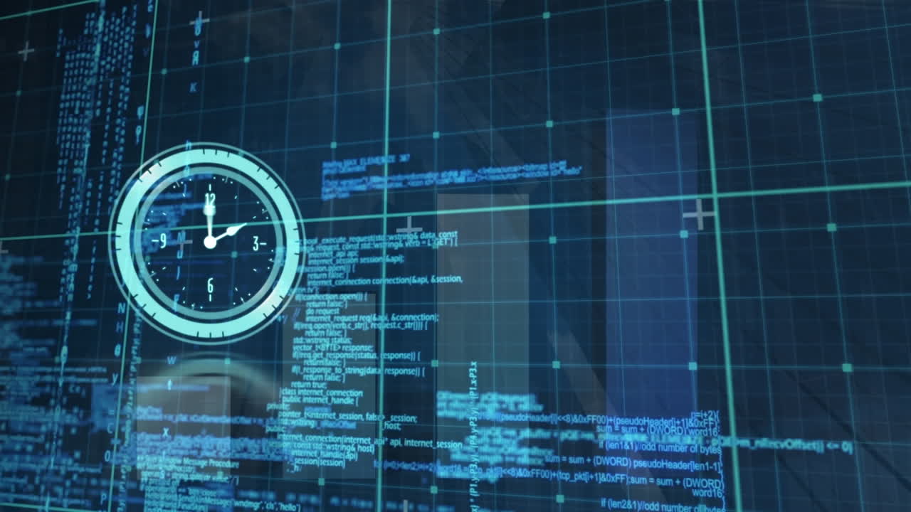 Animation of clock ticking over data processing on grid