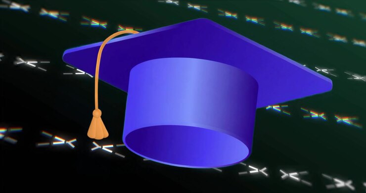 Udløst ved lancering 3D studenterhue roterer mod neongitter for at fremvise dimissionspræstation.