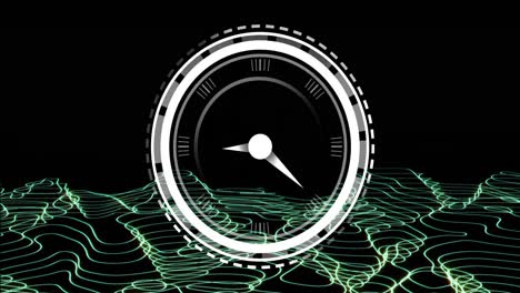 Animation-of-clock,-data-processing-over-network-of-connections