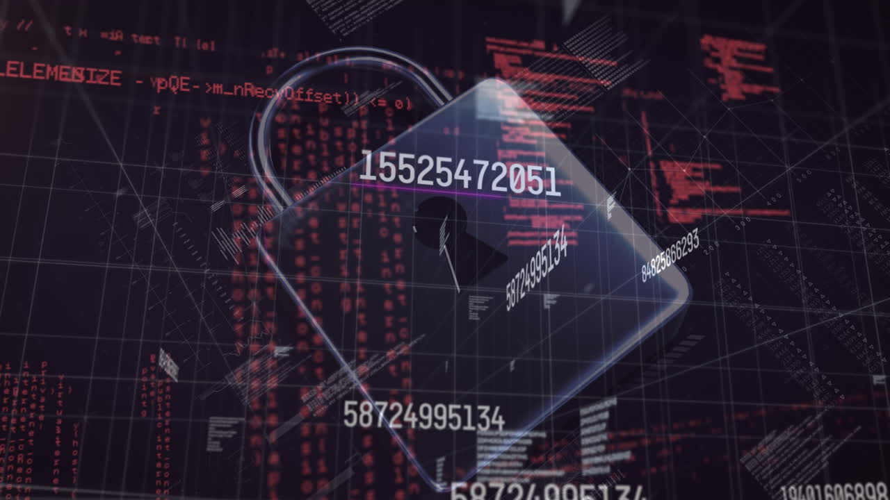 Animation of security padlock over data processing on dark background