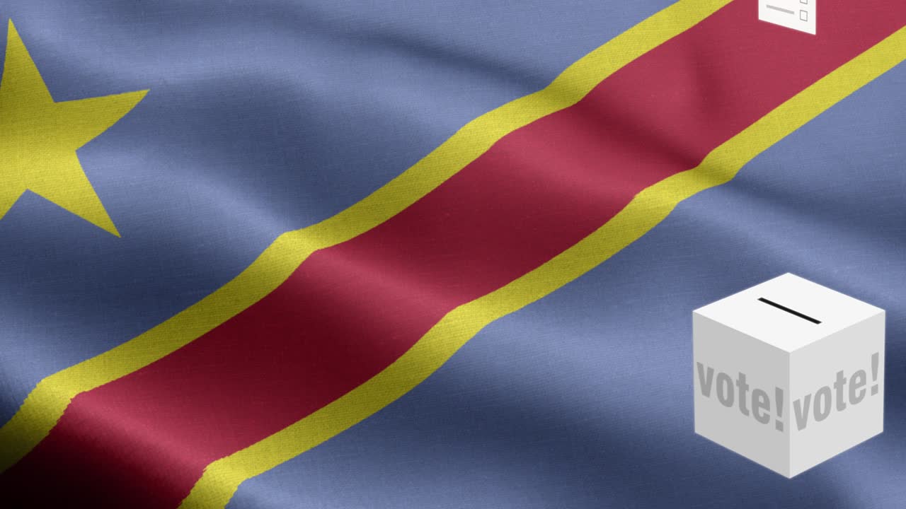 las papeletas de votación vuelan a la caja para la selección del congo - la caja de votación frente a la bandera - la elección - el voto - la bandera de la república del congo - el bandera de la república del congo de alto detalle - la bandera nacional de la república de congo patrón de ondas elementos en bucle - textura de tela y bucle sin fin - bandera vertical