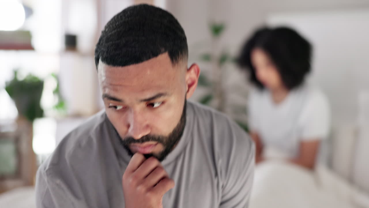 Divorce, fight and couple in a bed with anxiety