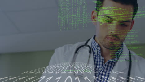 animación de procesamiento de datos y placa de circuito de computadora sobre médico masculino