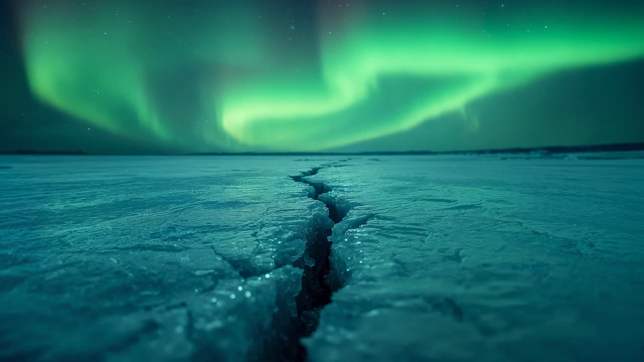 Undulating aurora, solar wind driving aurora, casting waving light across ice fissure on frozen sea