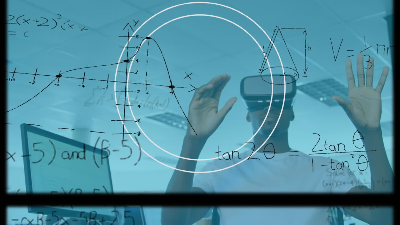 vr 헤드 ⁇ 을 사용하는 사업가에 대한 수학 수식의 애니메이션