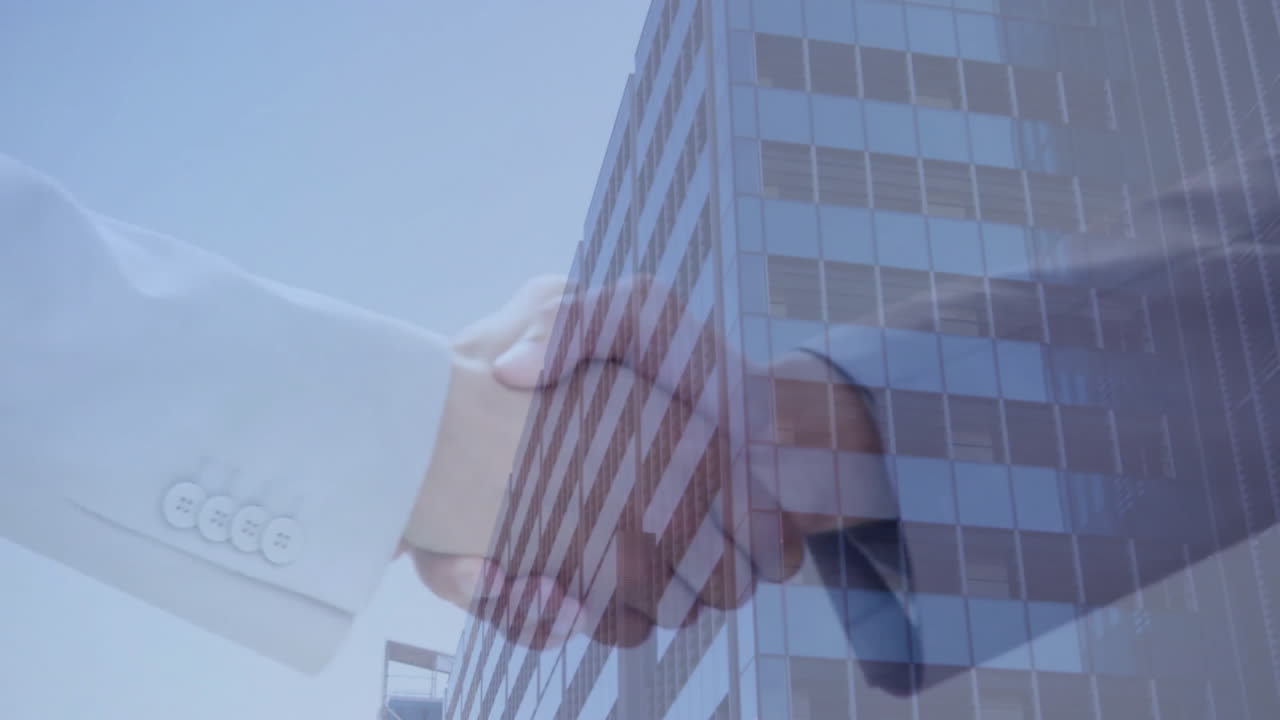 Animating handshake over modern office building in business district