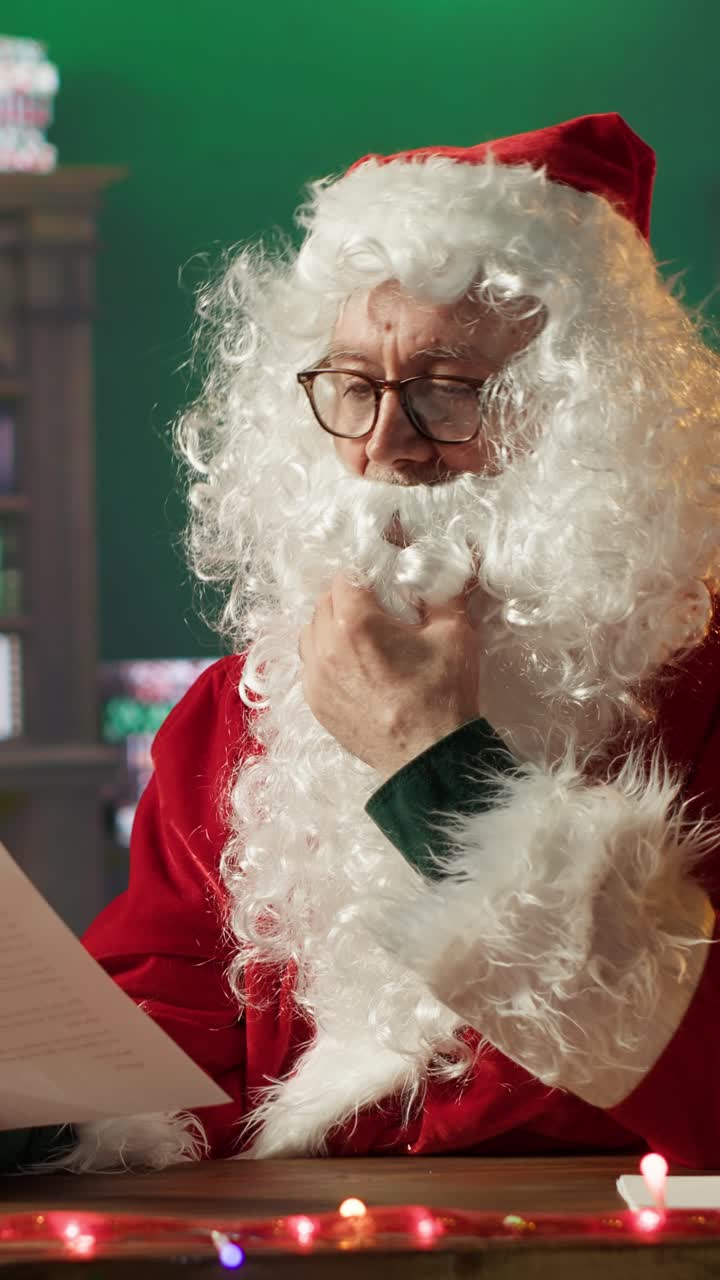 Babbo Natale che legge una lettera di Natale e pensa