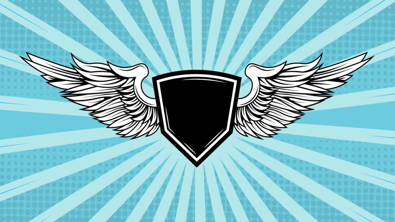 파란색 배경의 선 위에 날개와 복사 공간을 가진 검은색 모양의 애니메이션