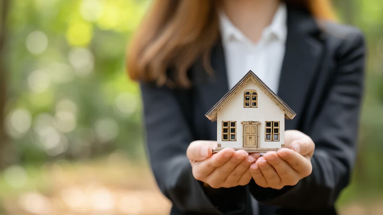 Un professionista tiene in mano un modello di casa in miniatura, che rappresenta l'immobiliare, la proprietà della casa e l'importanza di un futuro sicuro in un ambiente naturale sereno