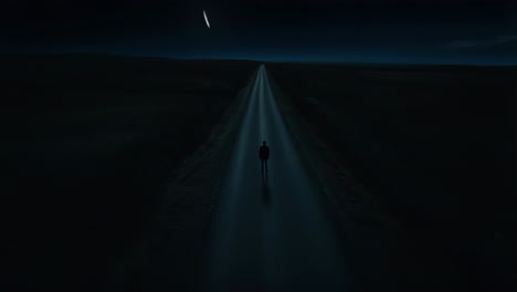 a lone figure walks on a dark road under a starry sky