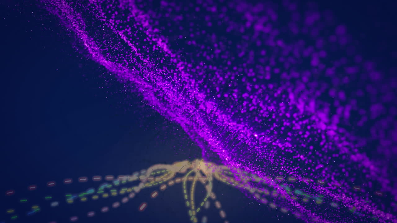 Animation of 3d neon purple particle waves, abstract pattern moving on computer graphic background