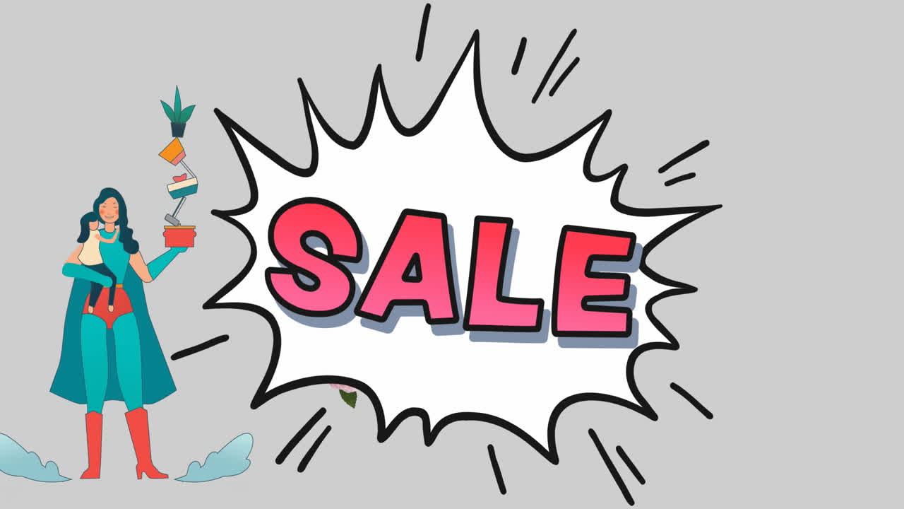 анимация супергероя мамы и продажи текста над цветами, движущимися в гипнотическом движении