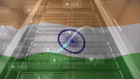animación de barras de notificación, signo de infinito sobre la bandera de la india y lenguaje informático, sistema de datos
