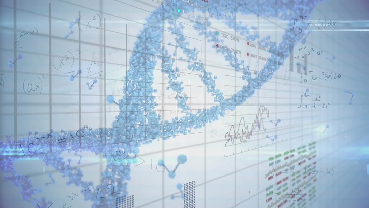 animación del procesamiento de datos sobre moléculas y cadena de adn en fondo azul.