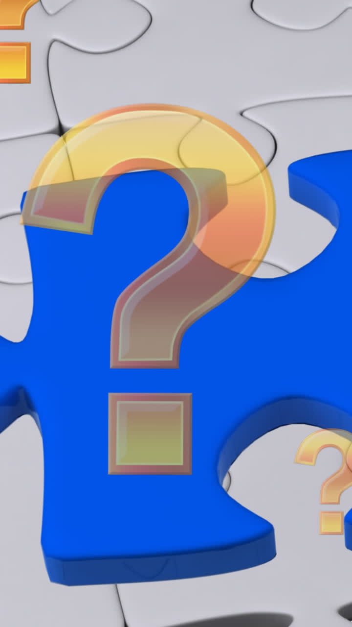 Animation of question marks and blue puzzle over white puzzle background