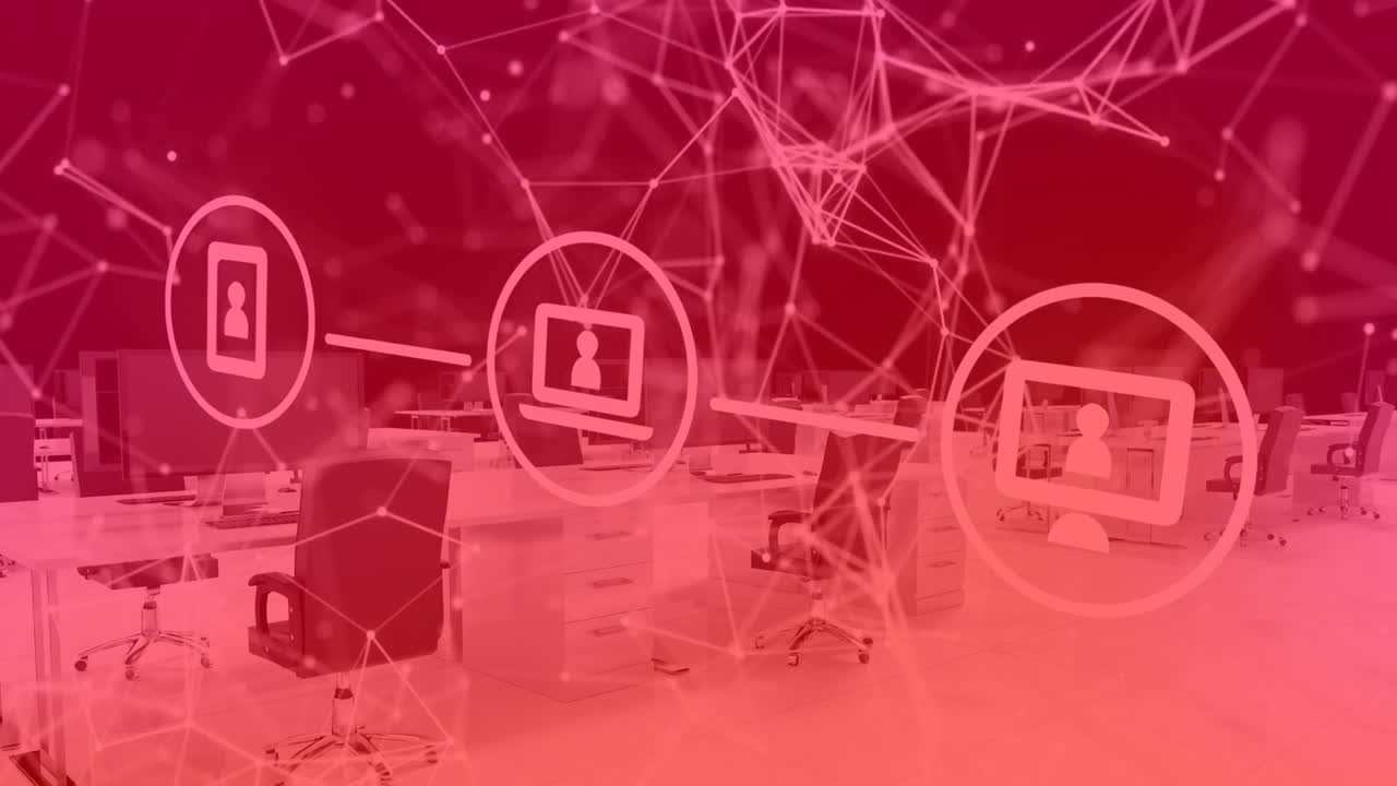 animación de iconos y conexiones sobre escritorios rojos en la oficina