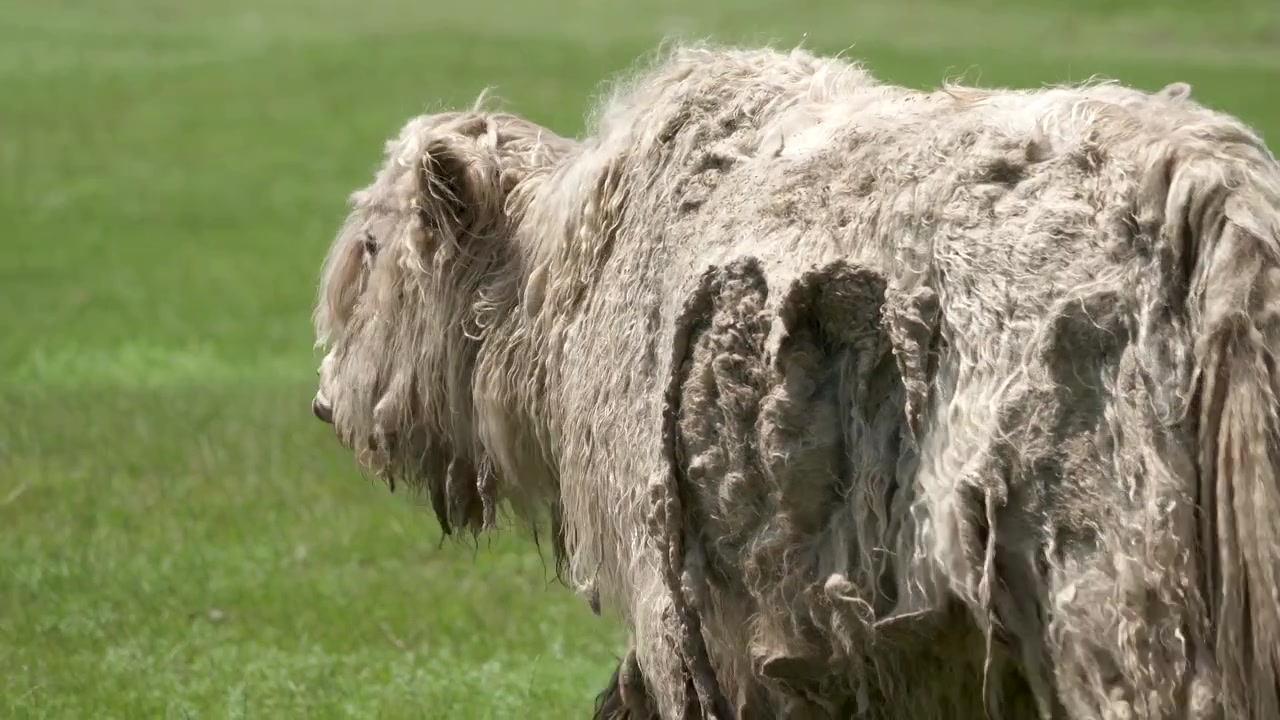 Vaca de las Tierras Altas pastando en un prado verde