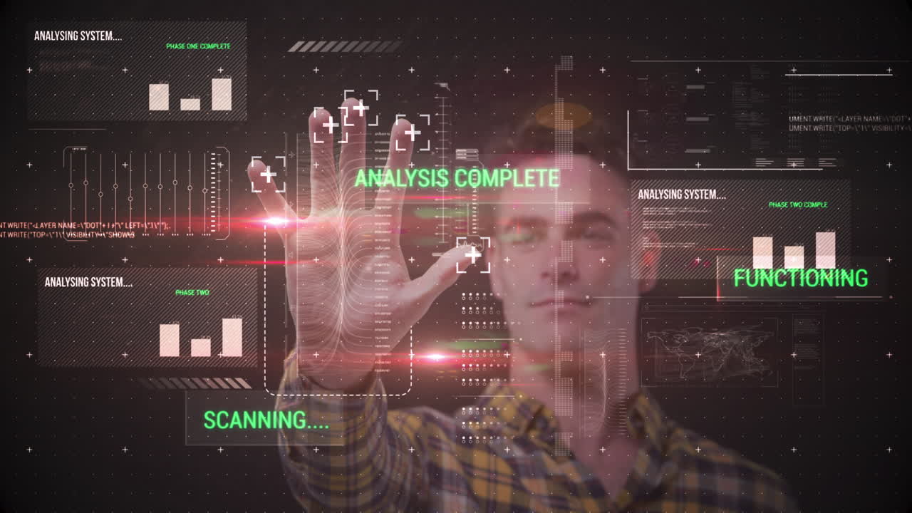 Animation of man touching interactive screen with data processing and scope scanning