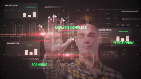 animation of man touching interactive screen with data processing and scope scanning