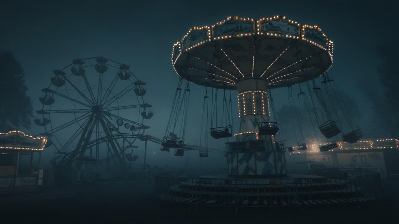 A Mysterious Abandoned Carnival at Dusk: An Enigmatic View of a Ferris Wheel and Carousel Surrounded by Mist and Dim Lights, Evoking Nostalgia and Intrigue