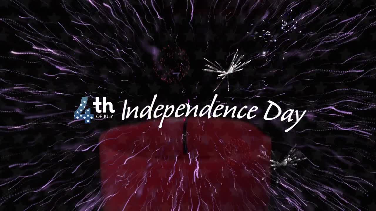 Happy independence day text banner over fireworks and light trail exploding and burning candle