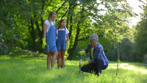 family planting trees in park