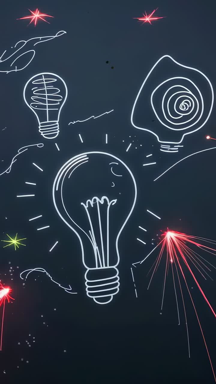 Vertical video: Animating three bulbs transitioning to neon glow on charcoal, starburst accents