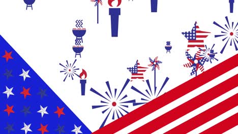 animation of red, white and blue decorations and stars and stripe patterns of american flag elements