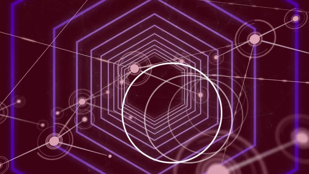 animación del escaneo del alcance sobre hexágonos y redes de conexiones con puntos brillantes