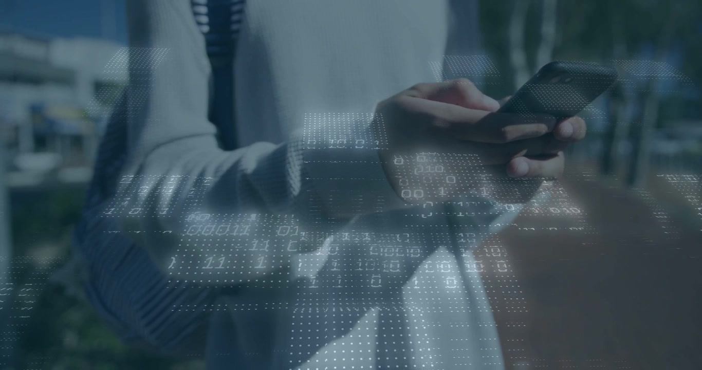 Man standing on sunlit path, tapping smartphone activating data grid while checking tech app