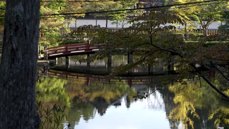 Vista-Panorámica-Del-Estanque-Del-Lago-Del-Jardín-Zen-Con-Vista-Reflectante-Del-Puente-Hasuike-En-Koyasan