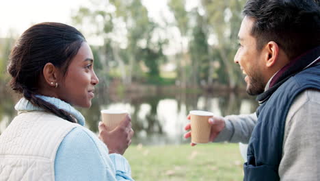 Camping,-coffee-and-couple-talking-on-mountain