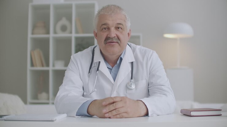 ein männlicher arzt mittleren alters begrüßt die teilnehmer eines webinars oder einer videokonferenz und spricht porträt im büro der klinik