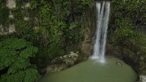 Aerial-Drone-Fly-Inside-Green-Tropical-Waterfalls-Camugao-Falls-Philippines-Spot-Secret-in-Jungle-Nature,-Turquoise-Water